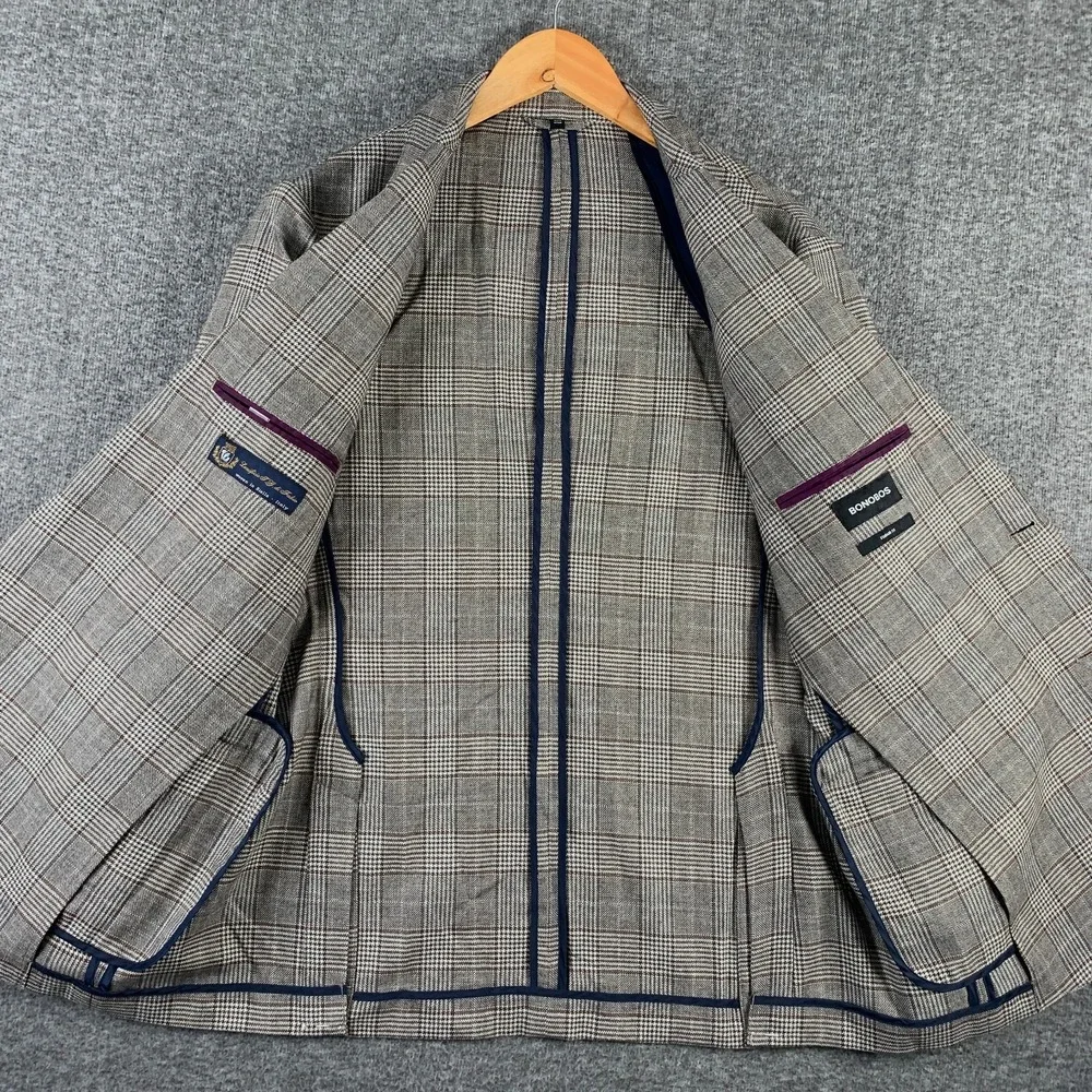 Bonobos Blazer Jacket Men 42R Brown Glen Check Hiundstooth Linen Cashmere
